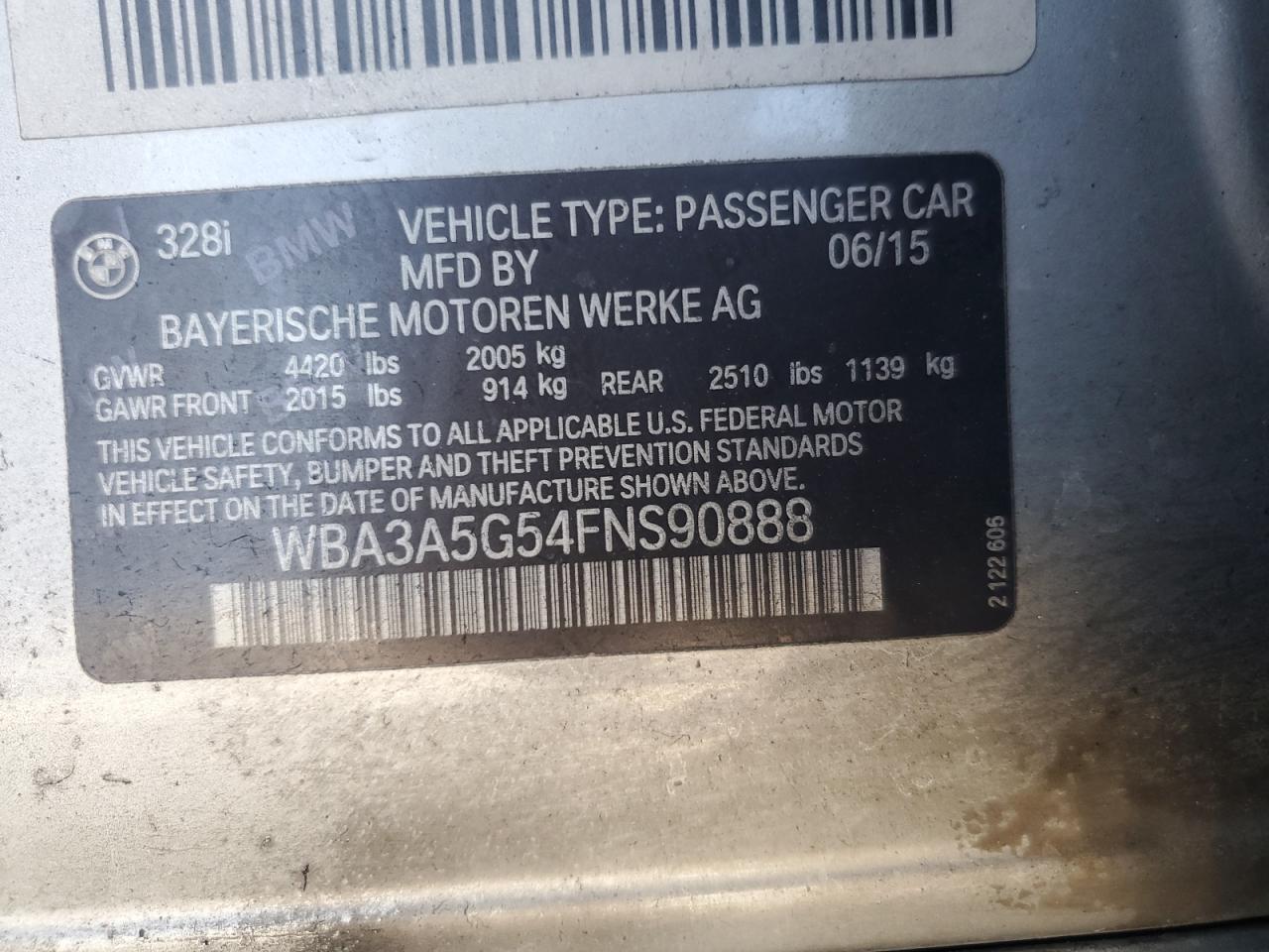 2015 BMW 328 I VIN: WBA3A5G54FNS90888 Lot: 58281704