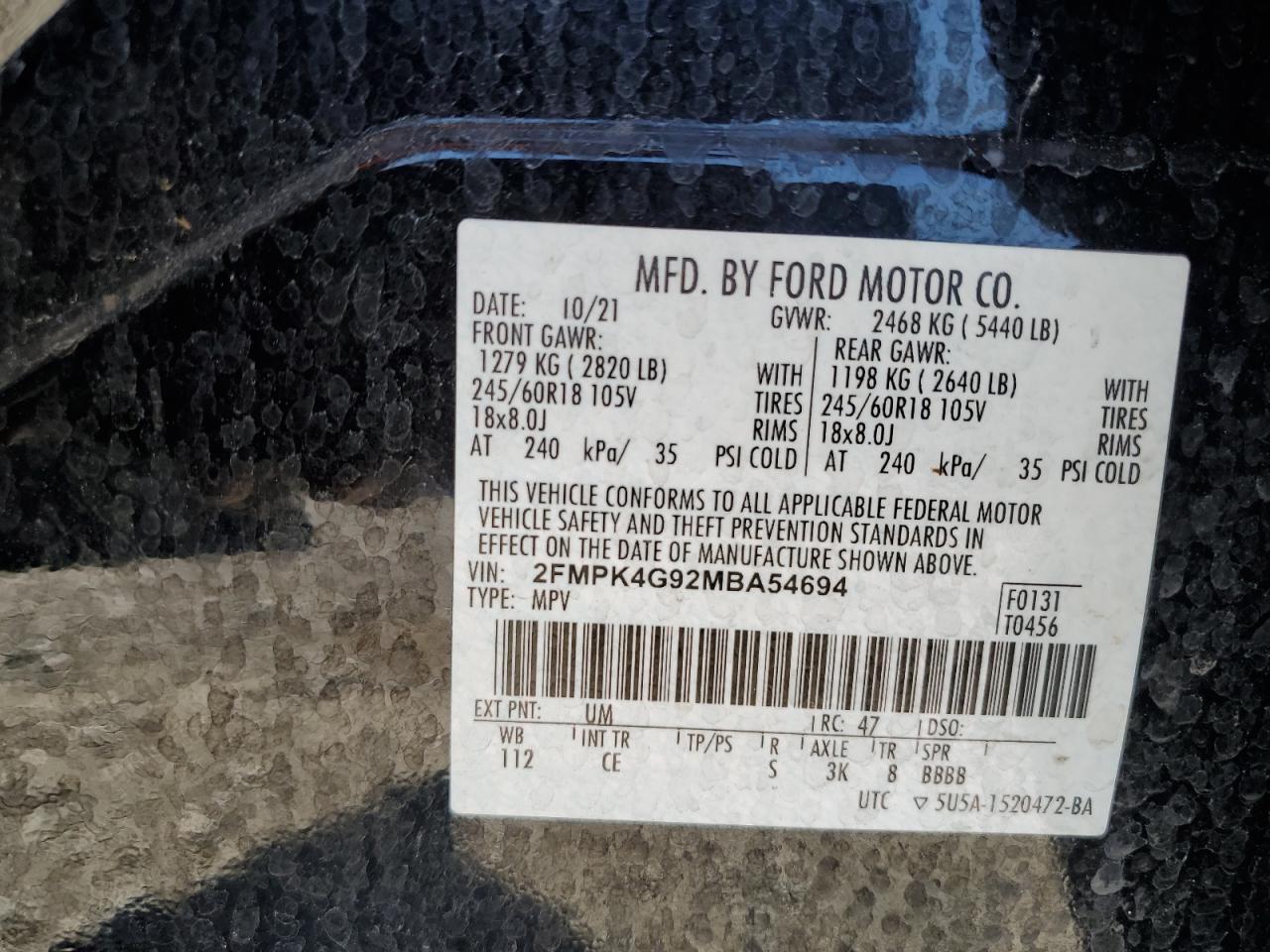 2FMPK4G92MBA54694 2021 Ford Edge Se