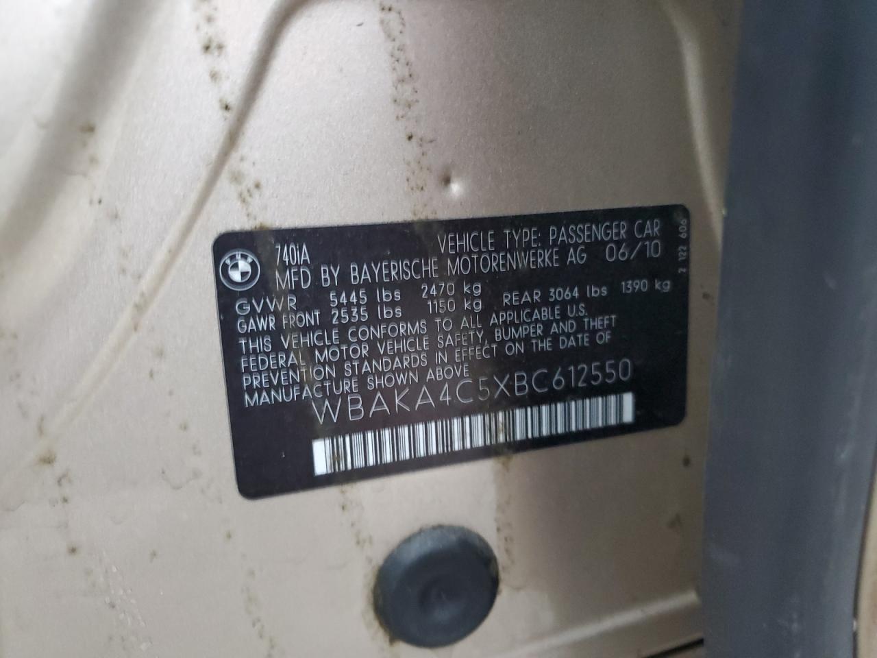2011 BMW 740 I VIN: WBAKA4C5XBC612550 Lot: 46942364