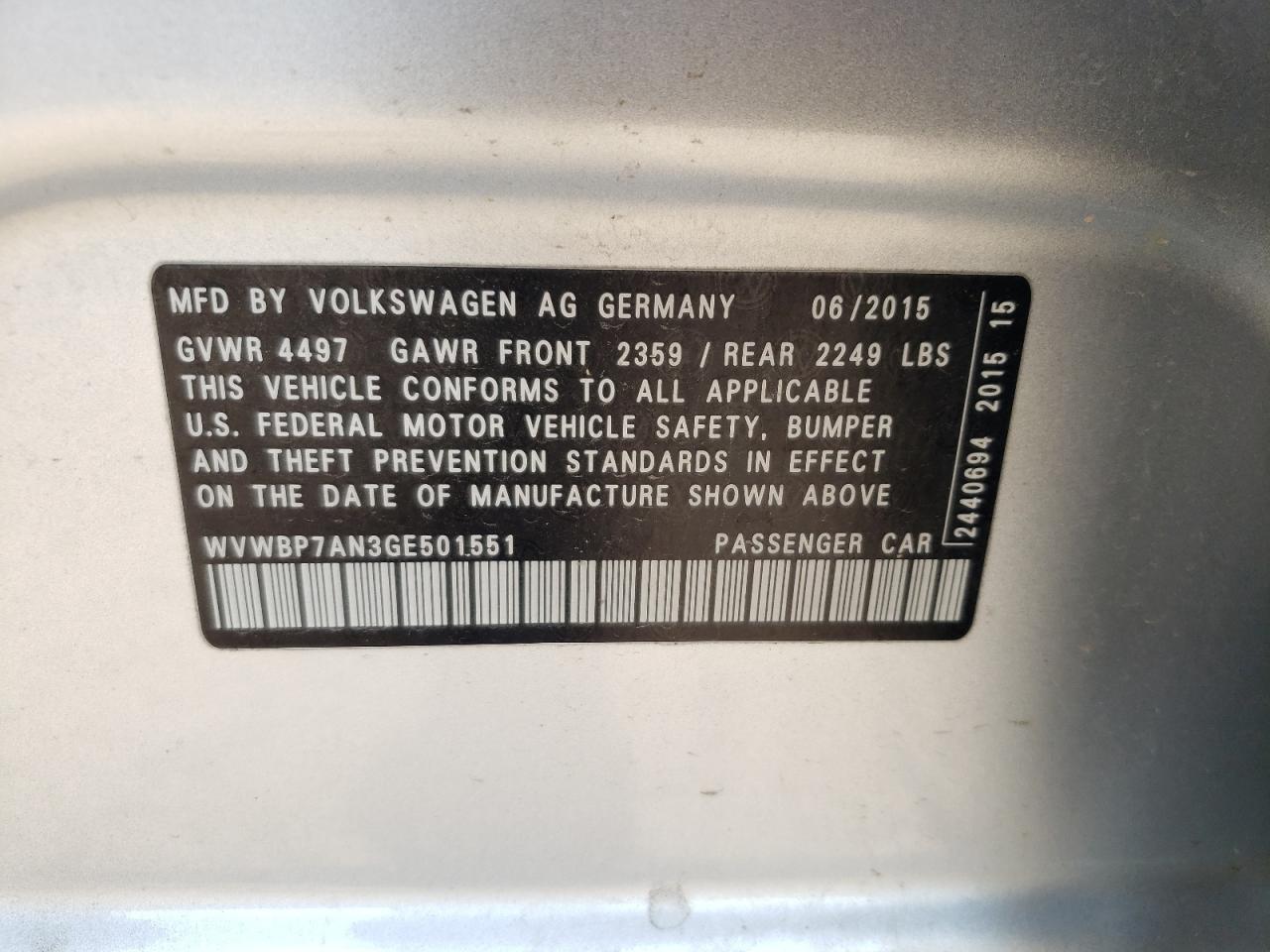 2016 Volkswagen Cc Base VIN: WVWBP7AN3GE501551 Lot: 48865494