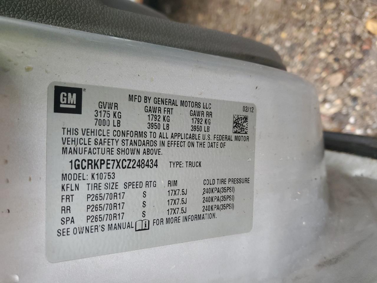 2012 Chevrolet Silverado K1500 VIN: 1GCRKPE7XCZ248434 Lot: 48948514