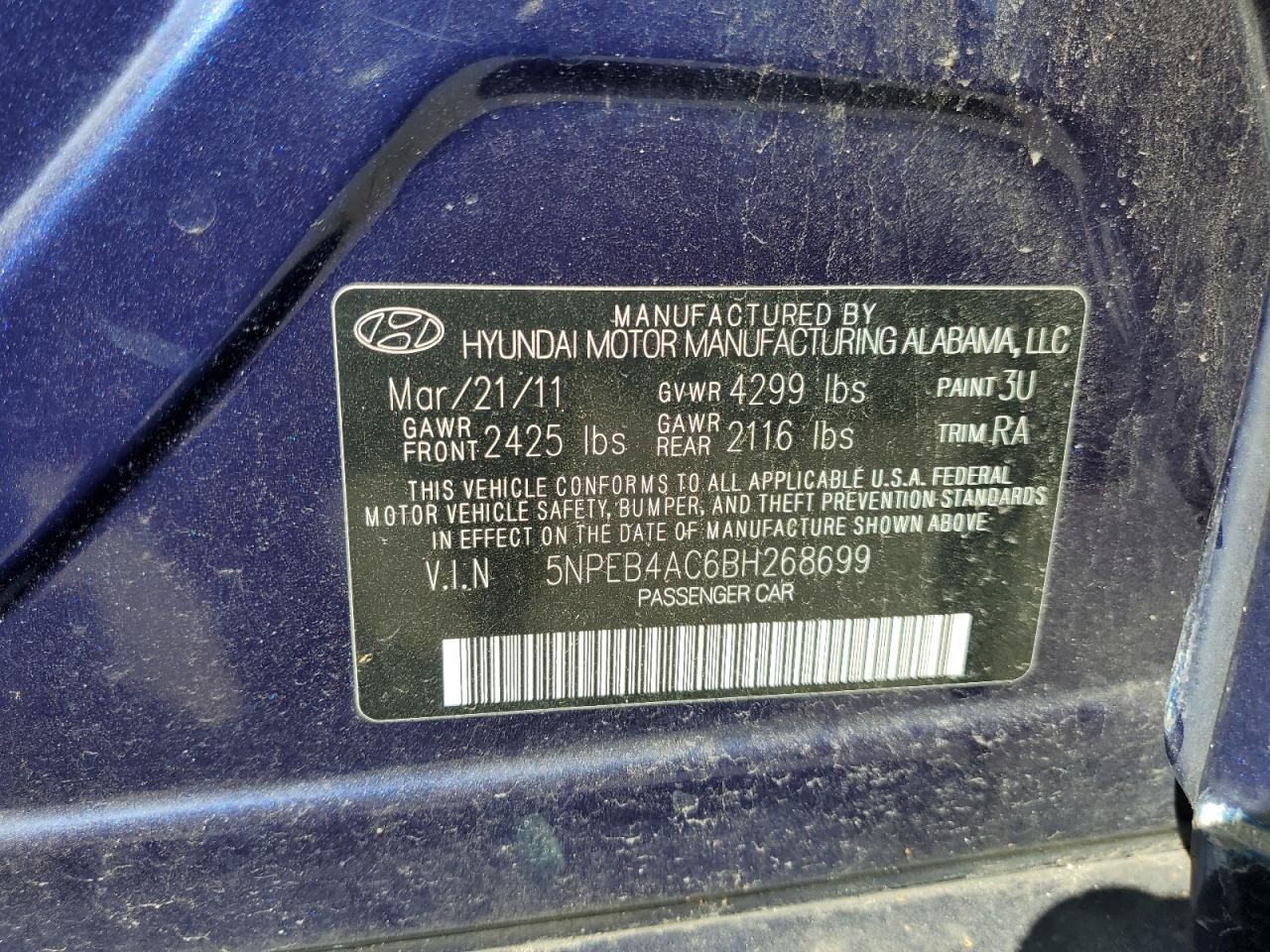 5NPEB4AC6BH268699 2011 Hyundai Sonata Gls