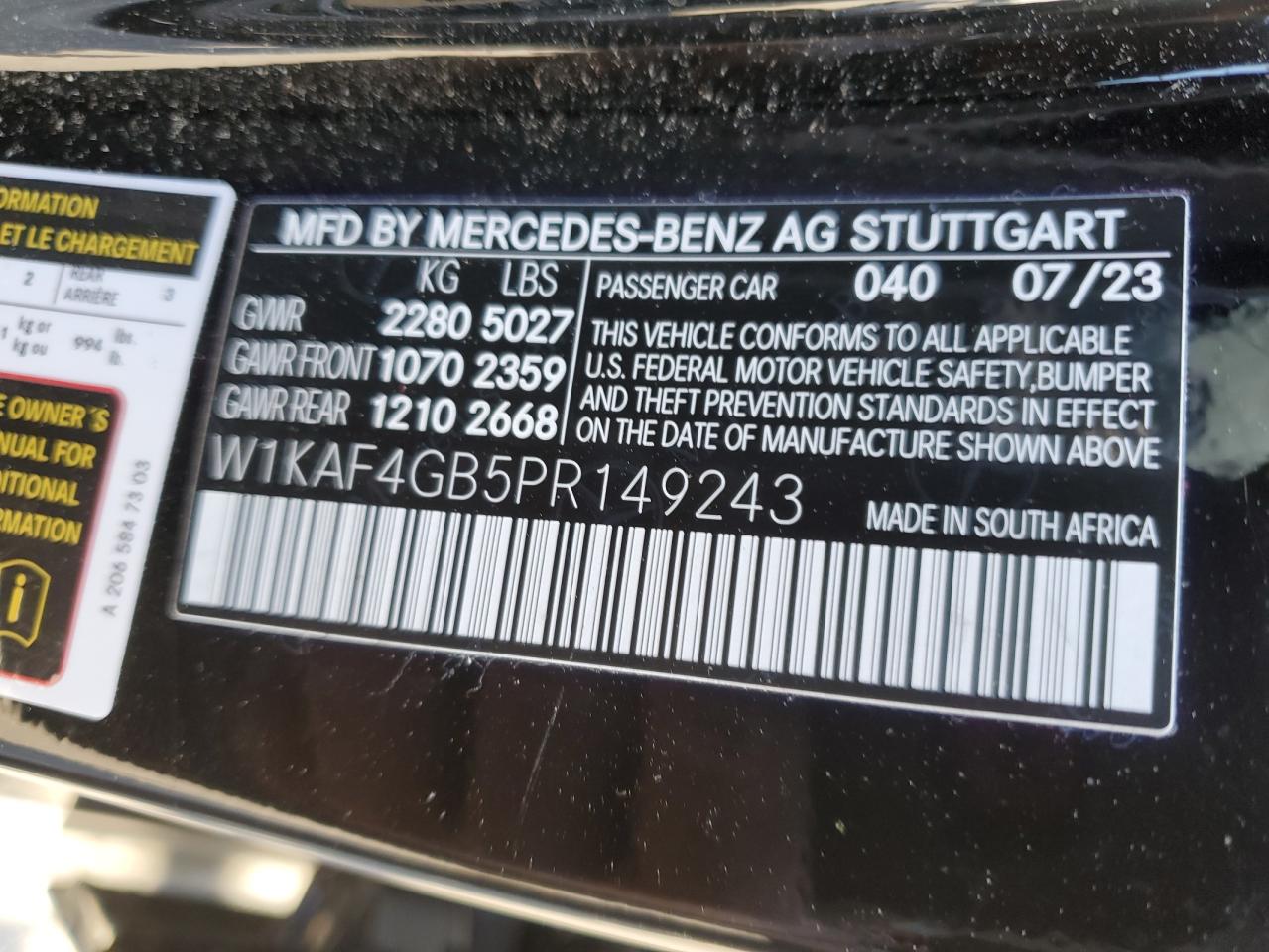 2023 Mercedes-Benz C 300 VIN: W1KAF4GB5PR149243 Lot: 46635894