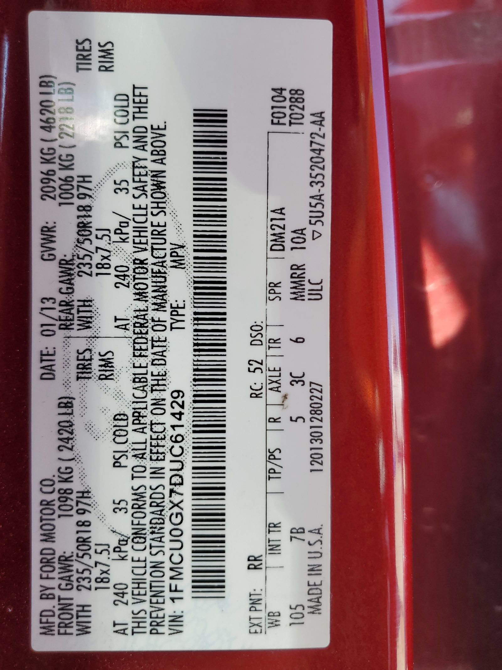 1FMCU0GX7DUC61429 2013 Ford Escape Se