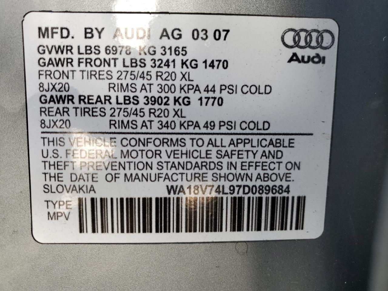 2007 Audi Q7 4.2 Qua VIN: WA18V74L97D089684 Lot: 46530464