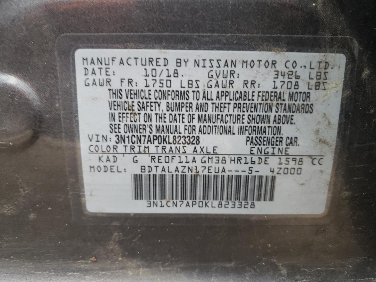 3N1CN7AP0KL823328 2019 Nissan Versa S