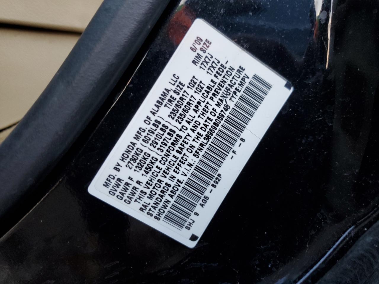 2009 Honda Odyssey Touring VIN: 5FNRL38969B059748 Lot: 45536134