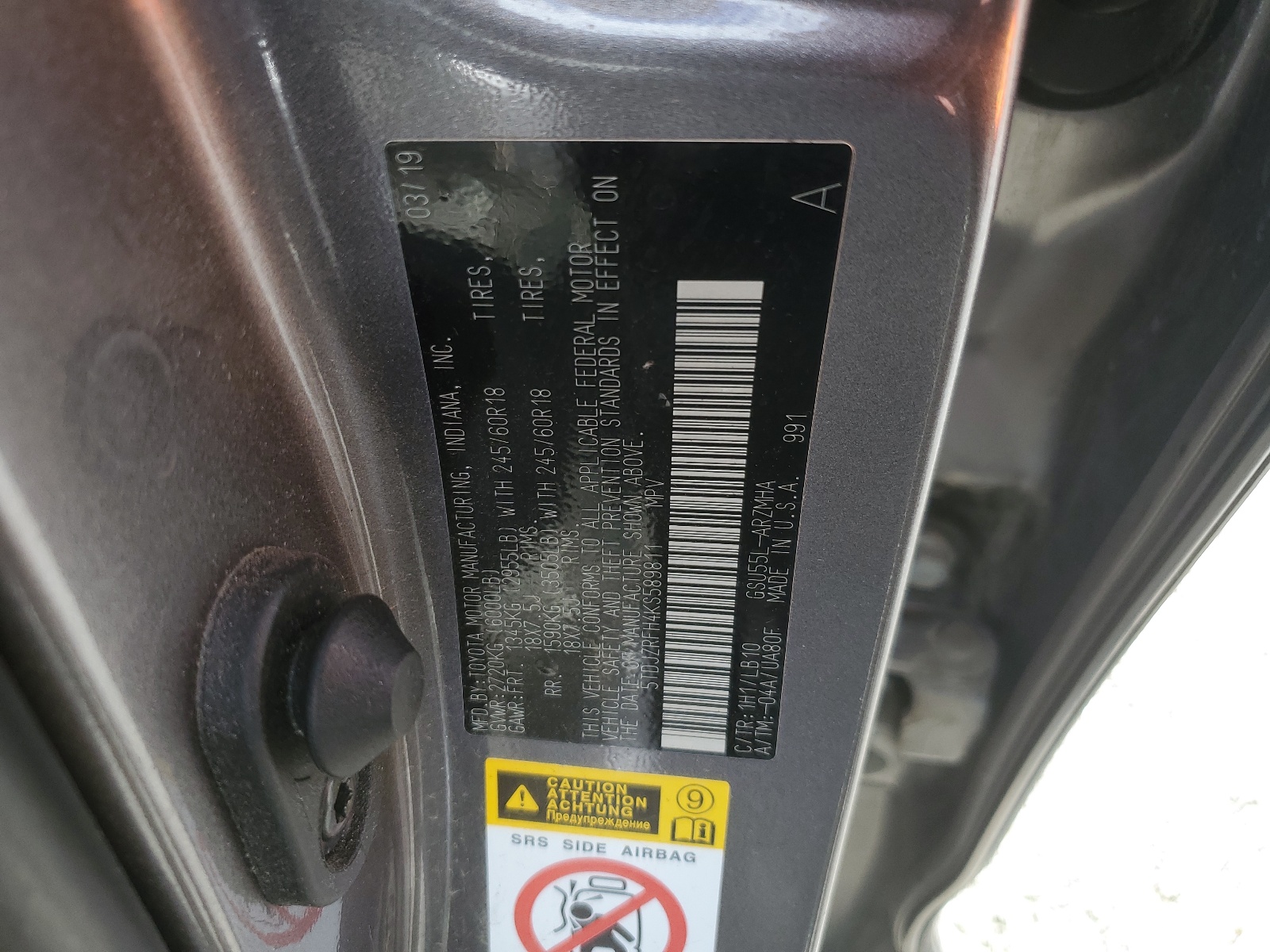 5TDJZRFH4KS589811 2019 Toyota Highlander Se