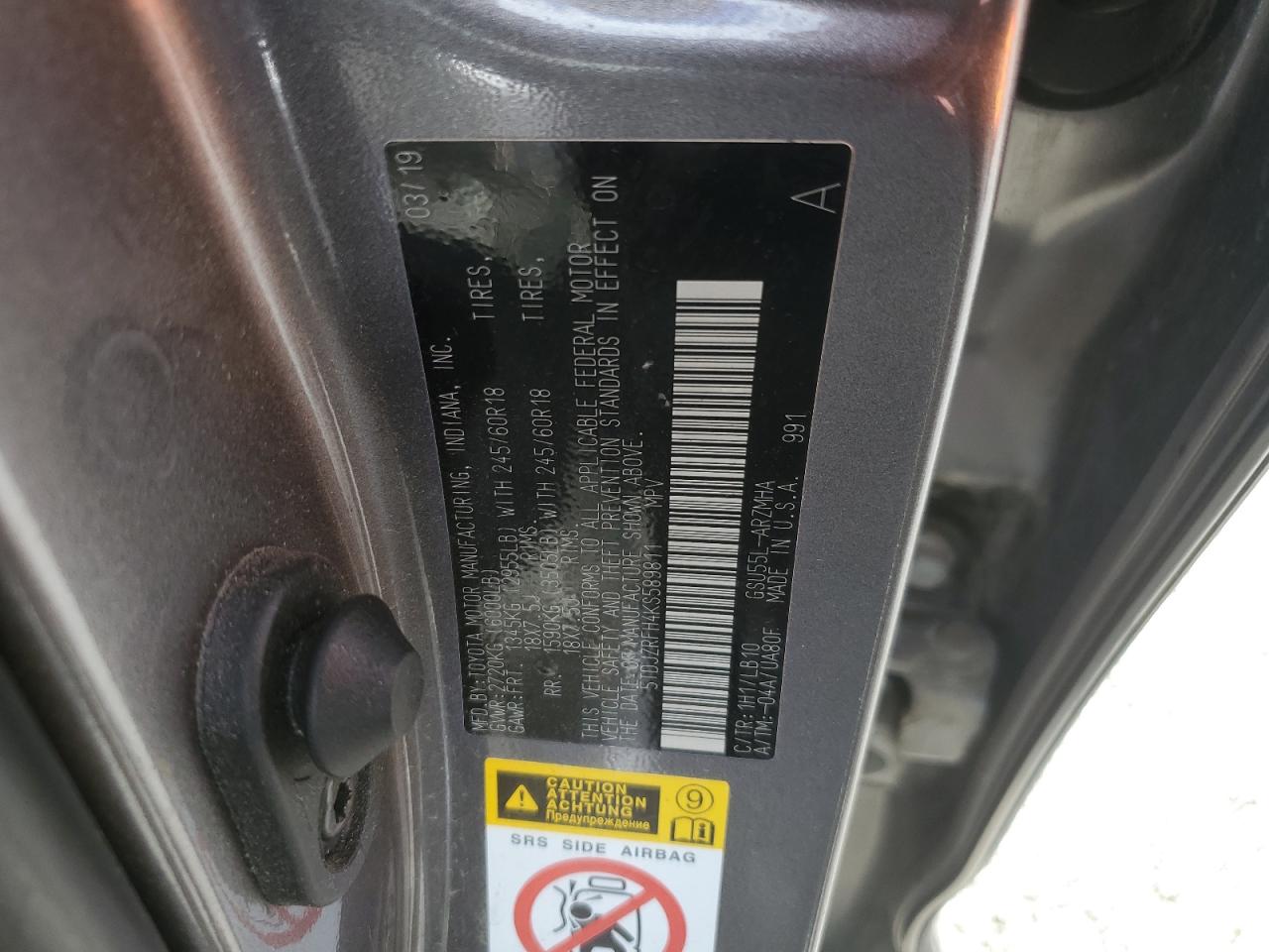 2019 Toyota Highlander Se VIN: 5TDJZRFH4KS589811 Lot: 45692474