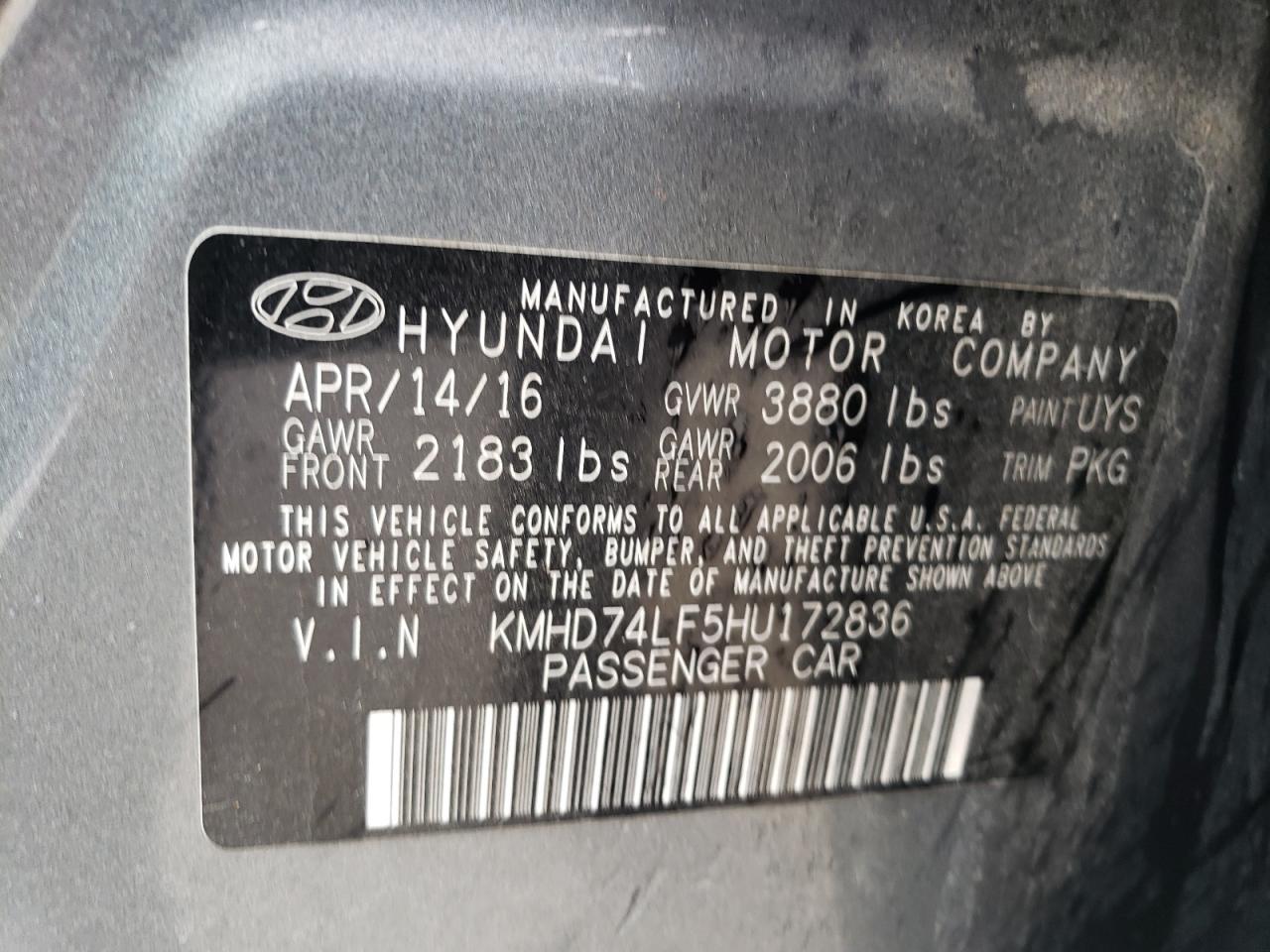 KMHD74LF5HU172836 2017 Hyundai Elantra Se