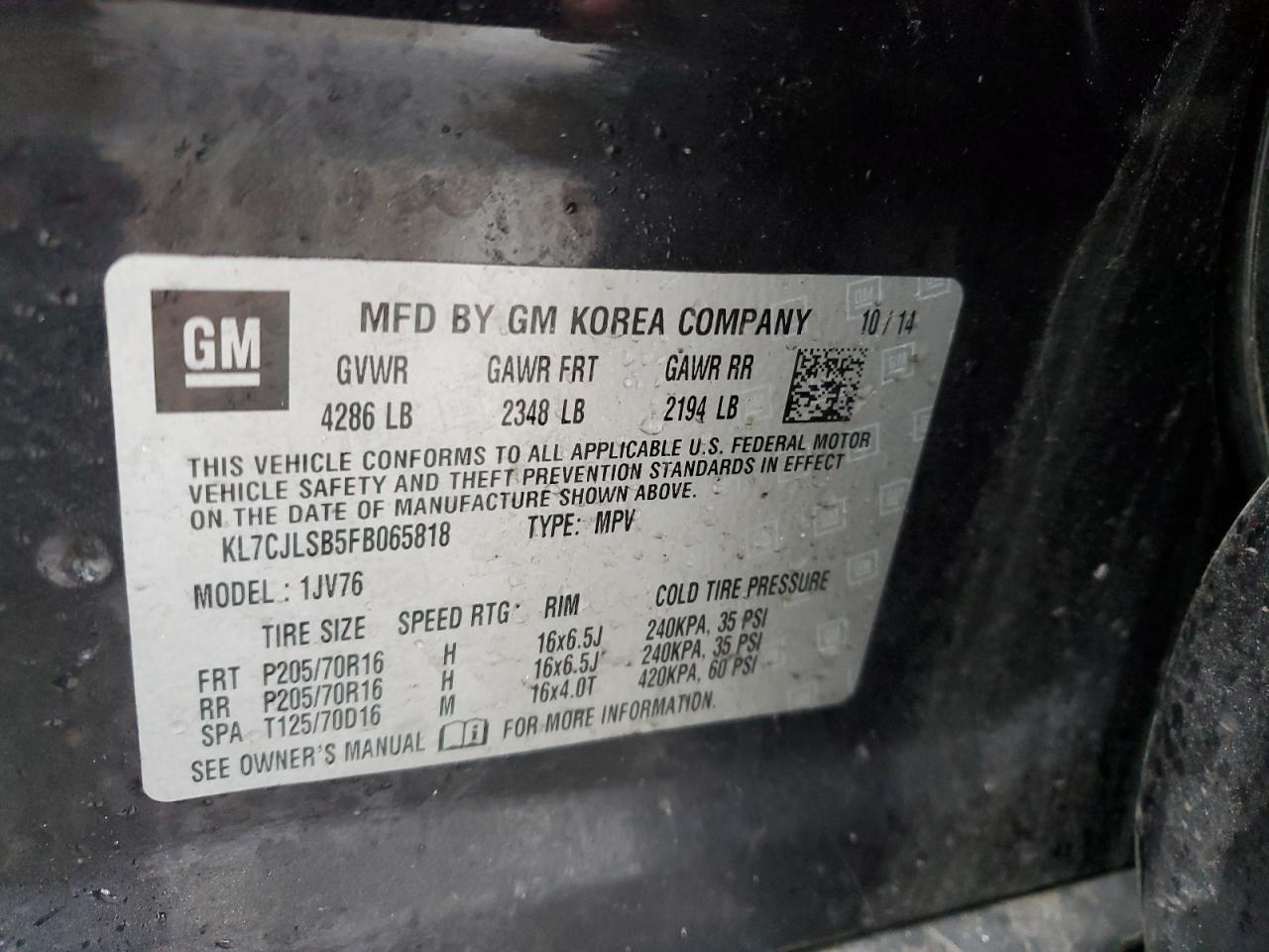 2015 Chevrolet Trax 1Lt VIN: KL7CJLSB5FB065818 Lot: 44960064