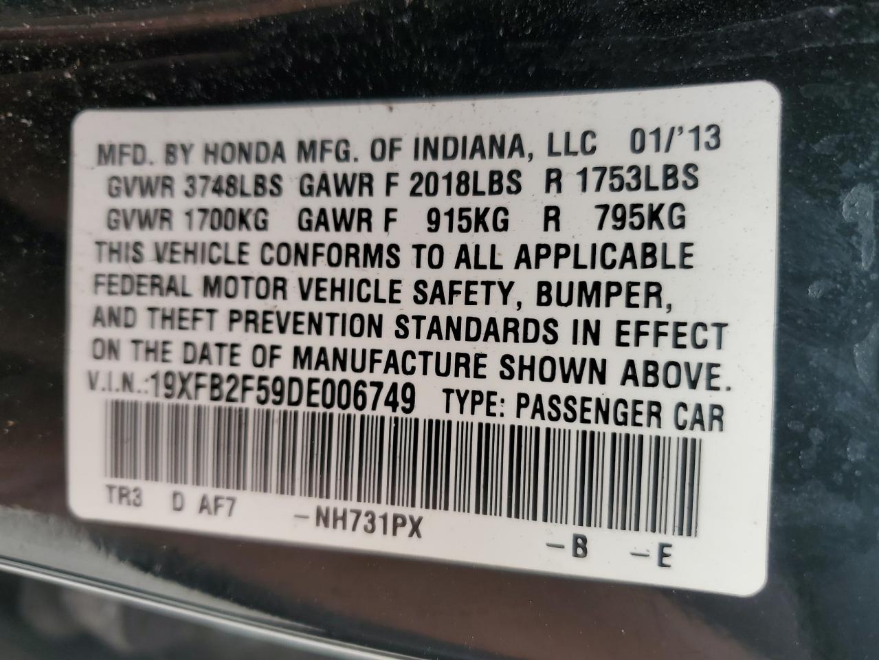 19XFB2F59DE006749 2013 Honda Civic Lx