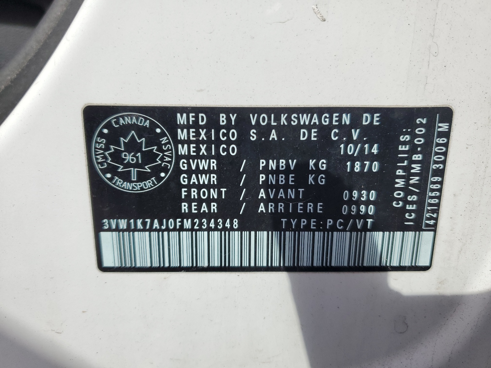 3VW1K7AJ0FM234348 2015 Volkswagen Jetta Base