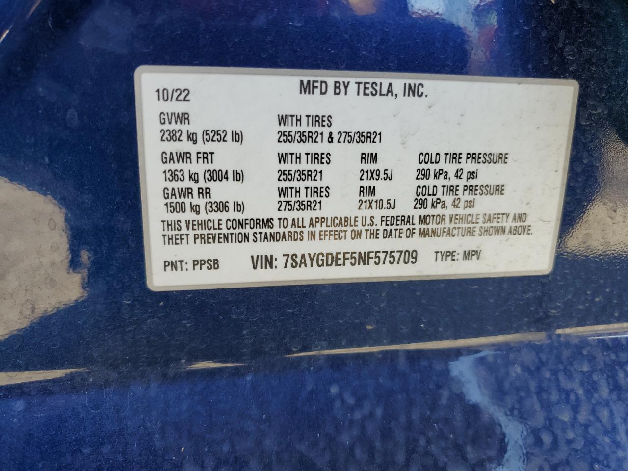 7SAYGDEF5NF575709 2022 Tesla Model Y