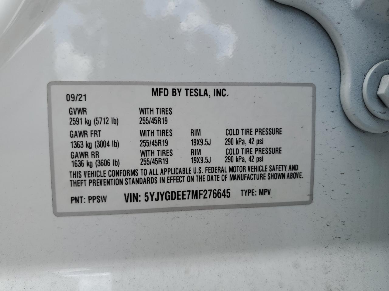 2021 Tesla Model Y VIN: 5YJYGDEE7MF276645 Lot: 45646124