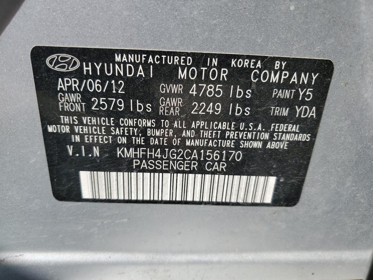 2012 Hyundai Azera Gls VIN: KMHFH4JG2CA156170 Lot: 47951434