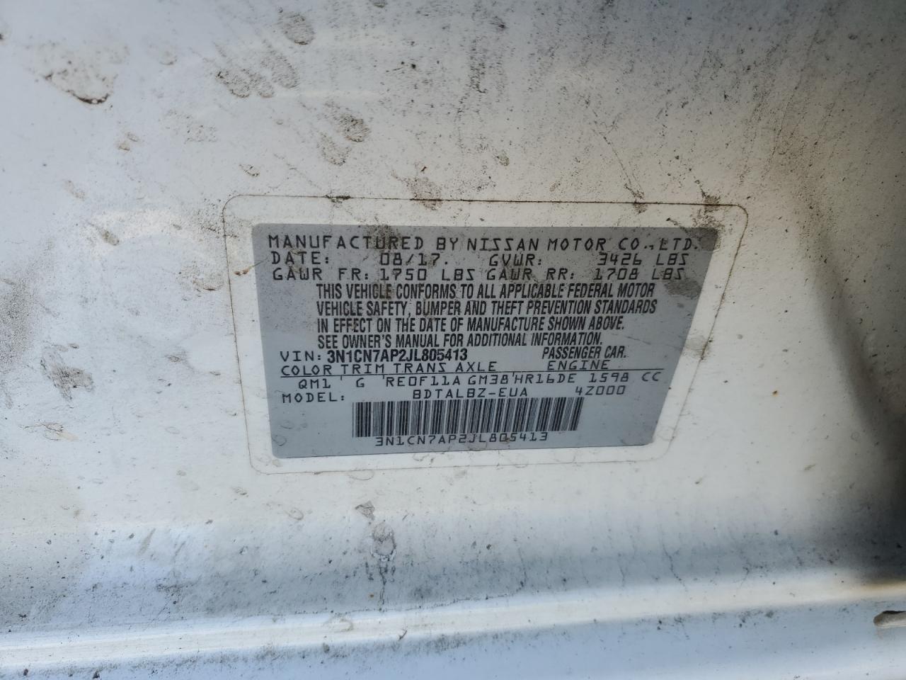 2018 Nissan Versa S VIN: 3N1CN7AP2JL805413 Lot: 48527404