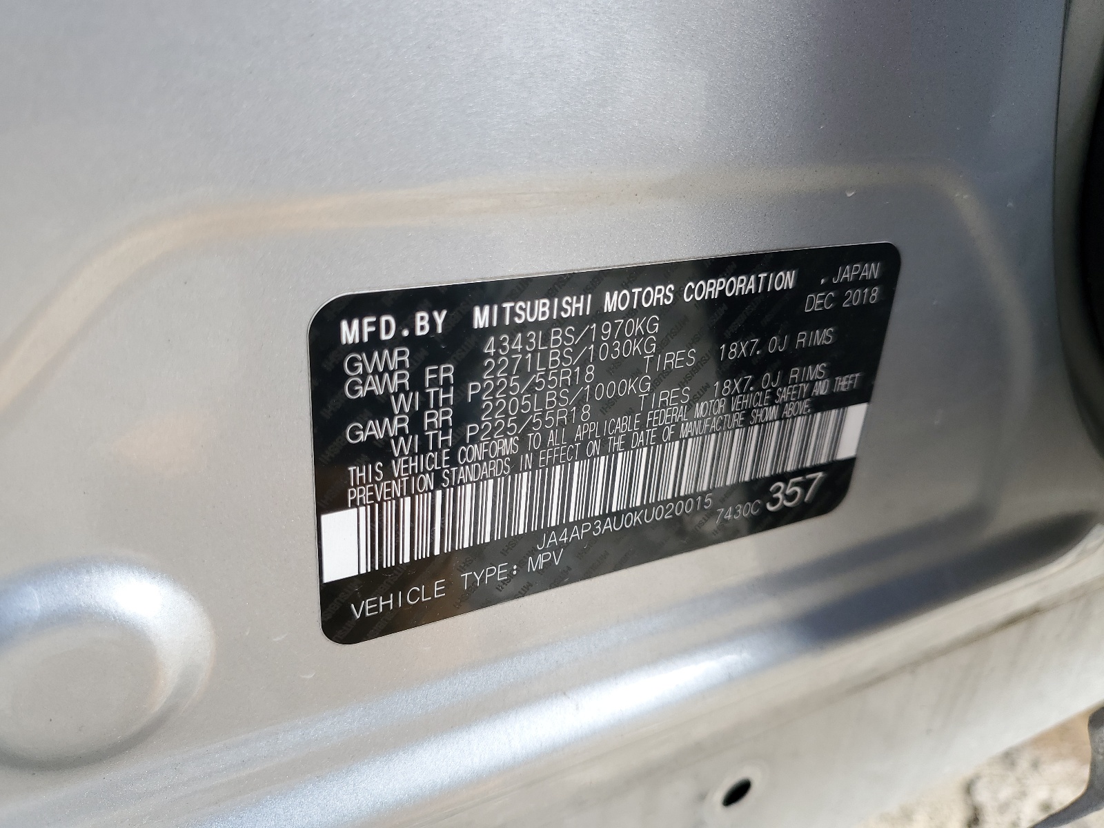 JA4AP3AU0KU020015 2019 Mitsubishi Outlander Sport Es