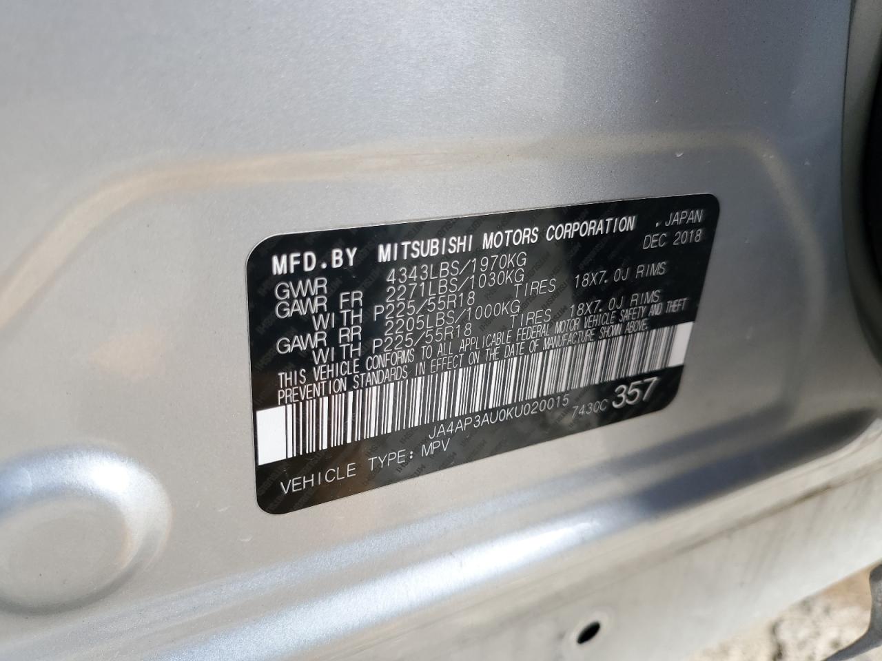 2019 Mitsubishi Outlander Sport Es VIN: JA4AP3AU0KU020015 Lot: 45359734