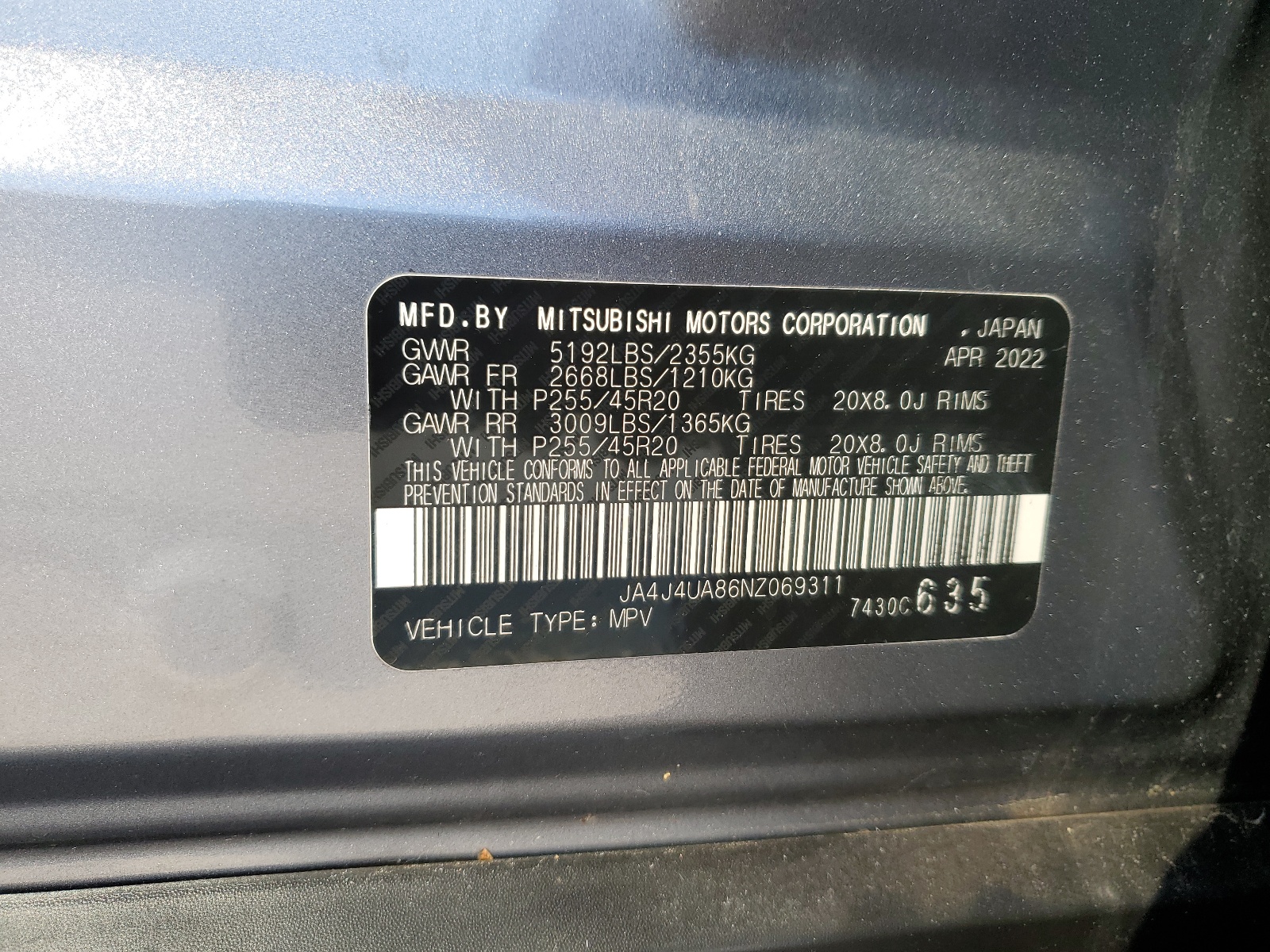 JA4J4UA86NZ069311 2022 Mitsubishi Outlander Se