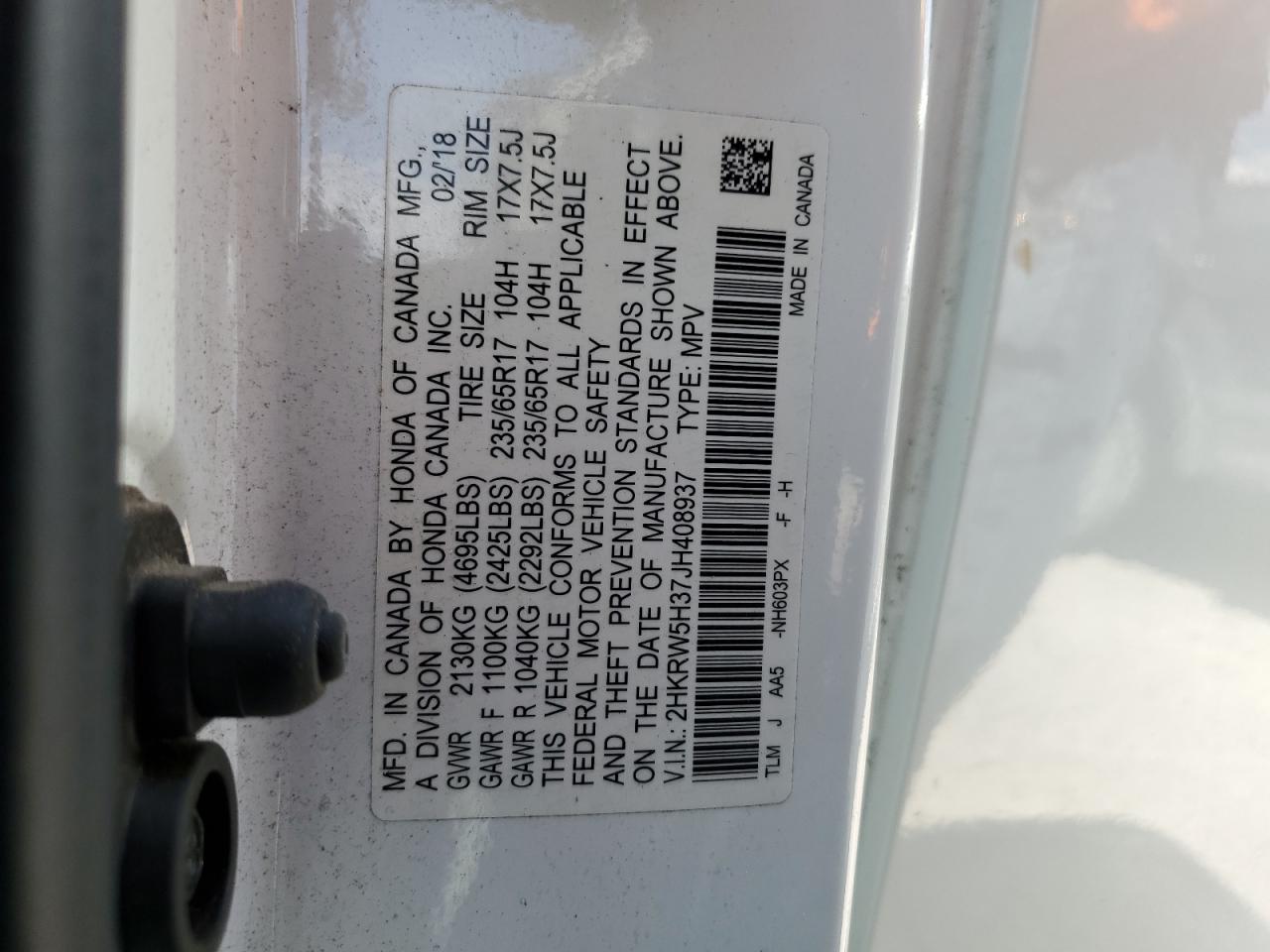 2HKRW5H37JH408937 2018 Honda Cr-V Lx