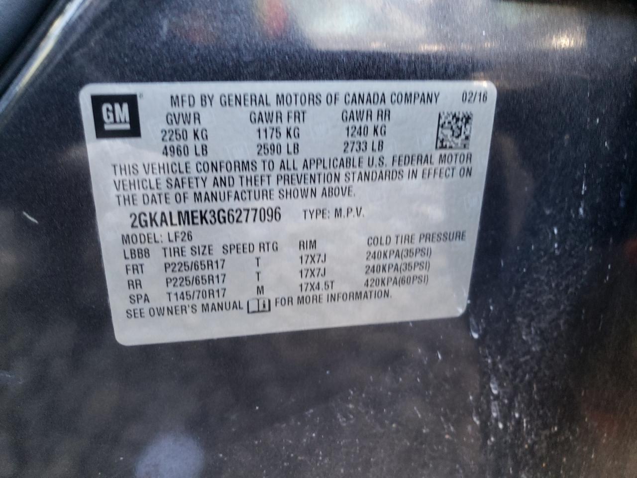 2GKALMEK3G6277096 2016 GMC Terrain Sle