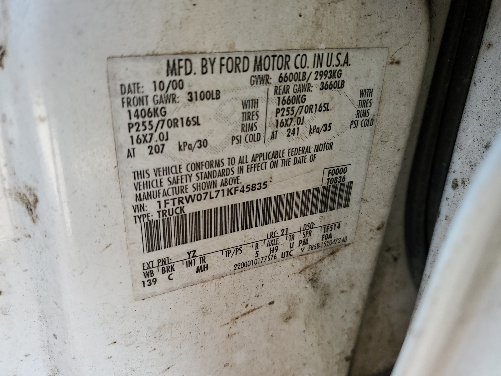 1FTRW07L71KF45835 2001 Ford F150 Supercrew