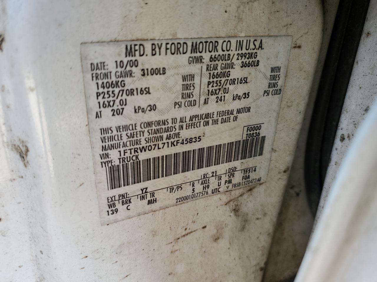 2001 Ford F150 Supercrew VIN: 1FTRW07L71KF45835 Lot: 59742124