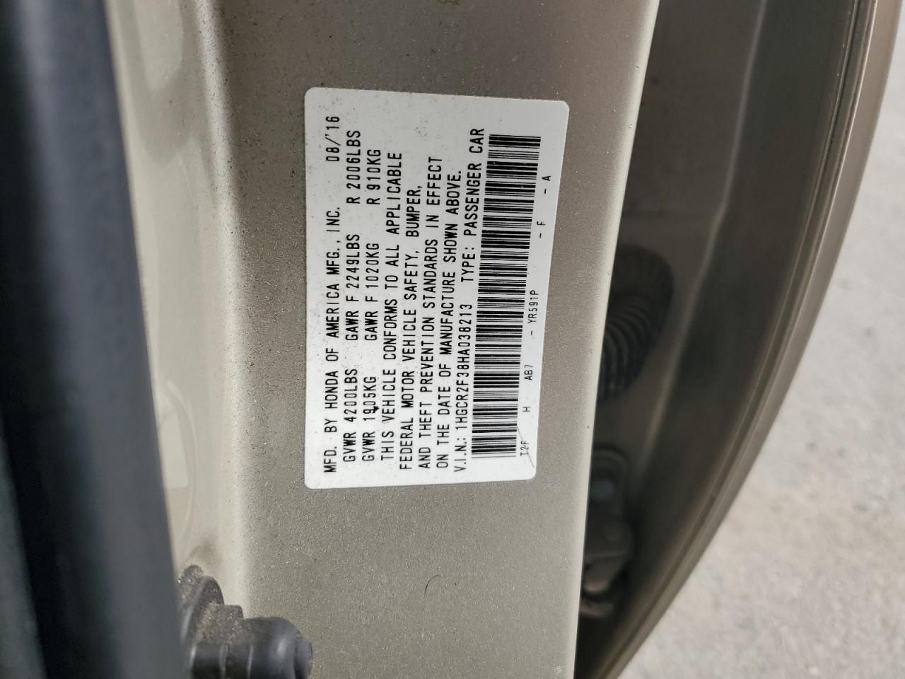 1HGCR2F38HA038213 2017 Honda Accord Lx