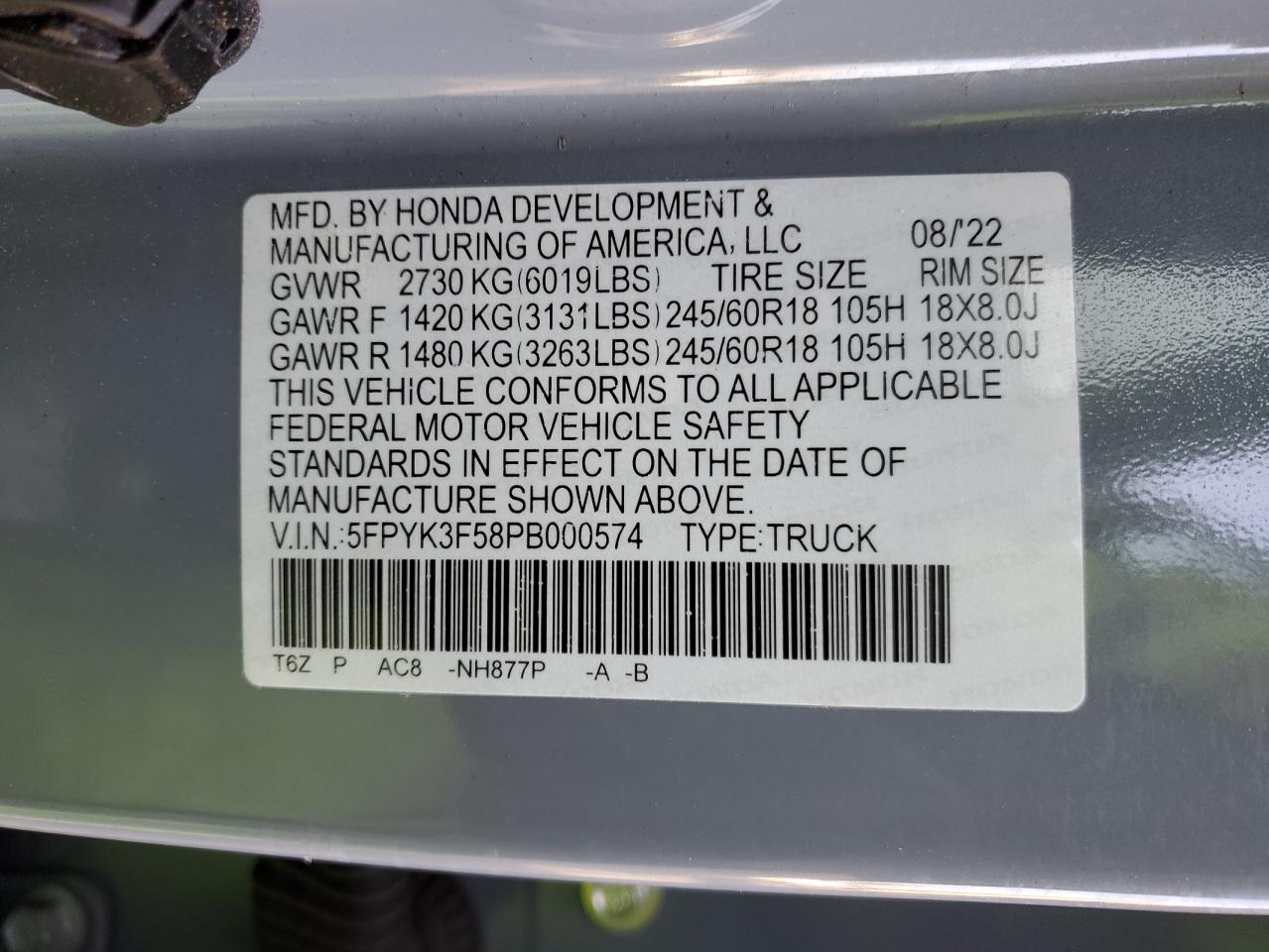 2023 Honda Ridgeline Rtl VIN: 5FPYK3F58PB000574 Lot: 45017764