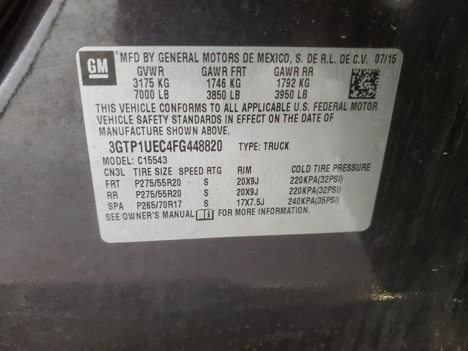 3GTP1UEC4FG448820 2015 GMC Sierra C1500 Sle