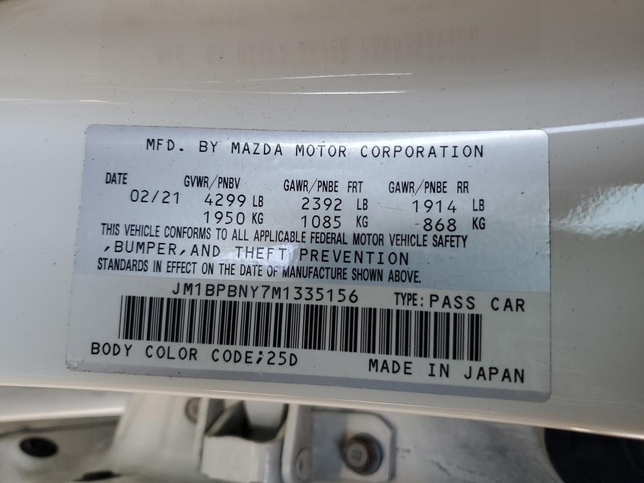 JM1BPBNY7M1335156 2021 Mazda 3 Premium Plus