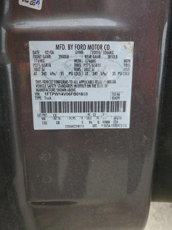 2006 Ford F150 Supercrew VIN: 1FTPW14V06FB01893 Lot: 44805394