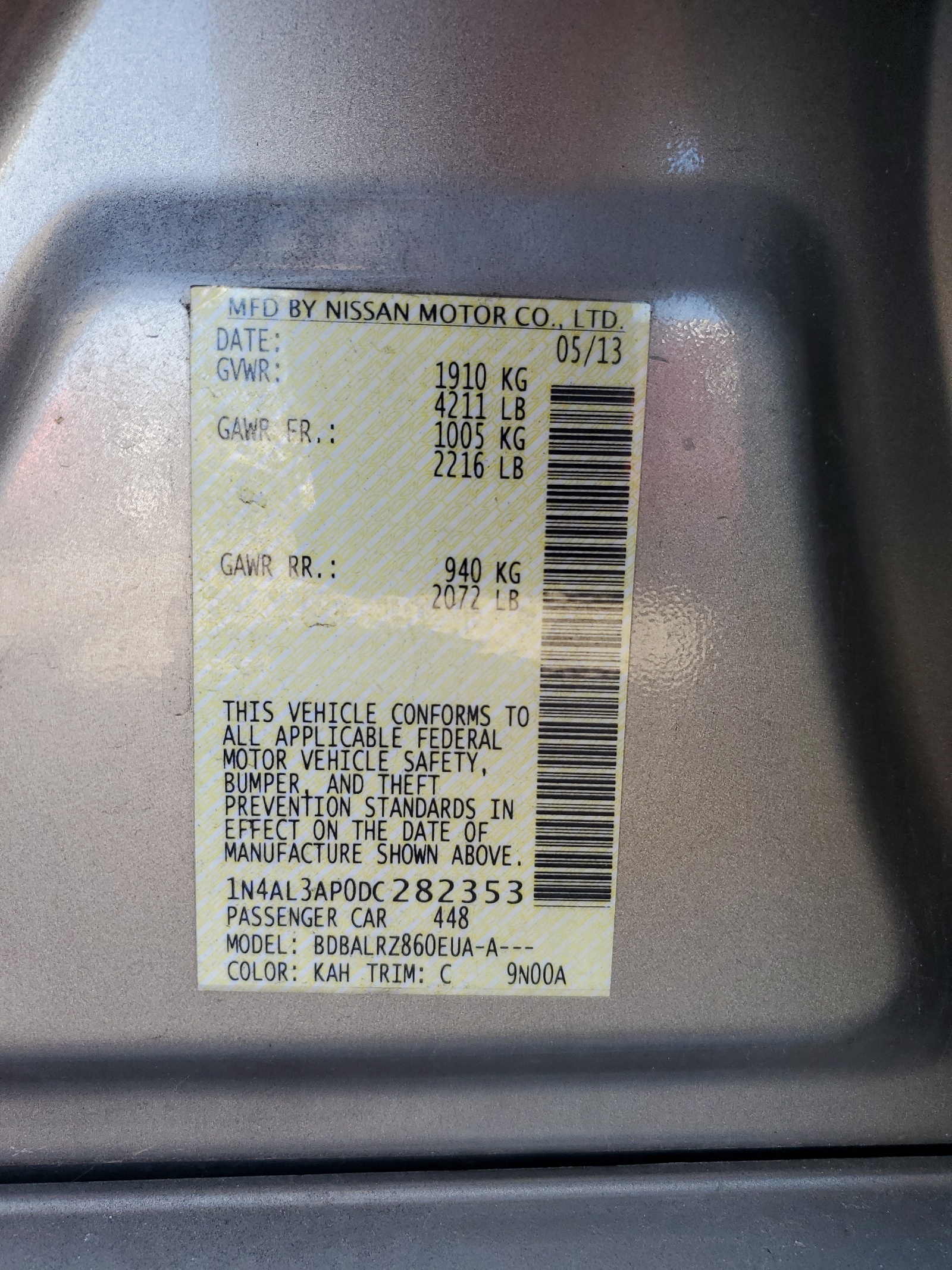 2013 Nissan Altima 2.5 vin: 1N4AL3AP0DC282353