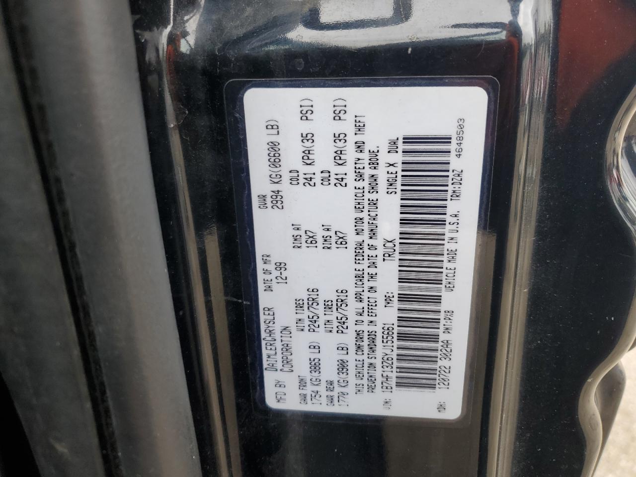 2000 Dodge Ram 1500 VIN: 1B7HF13Z6YJ155661 Lot: 47420854