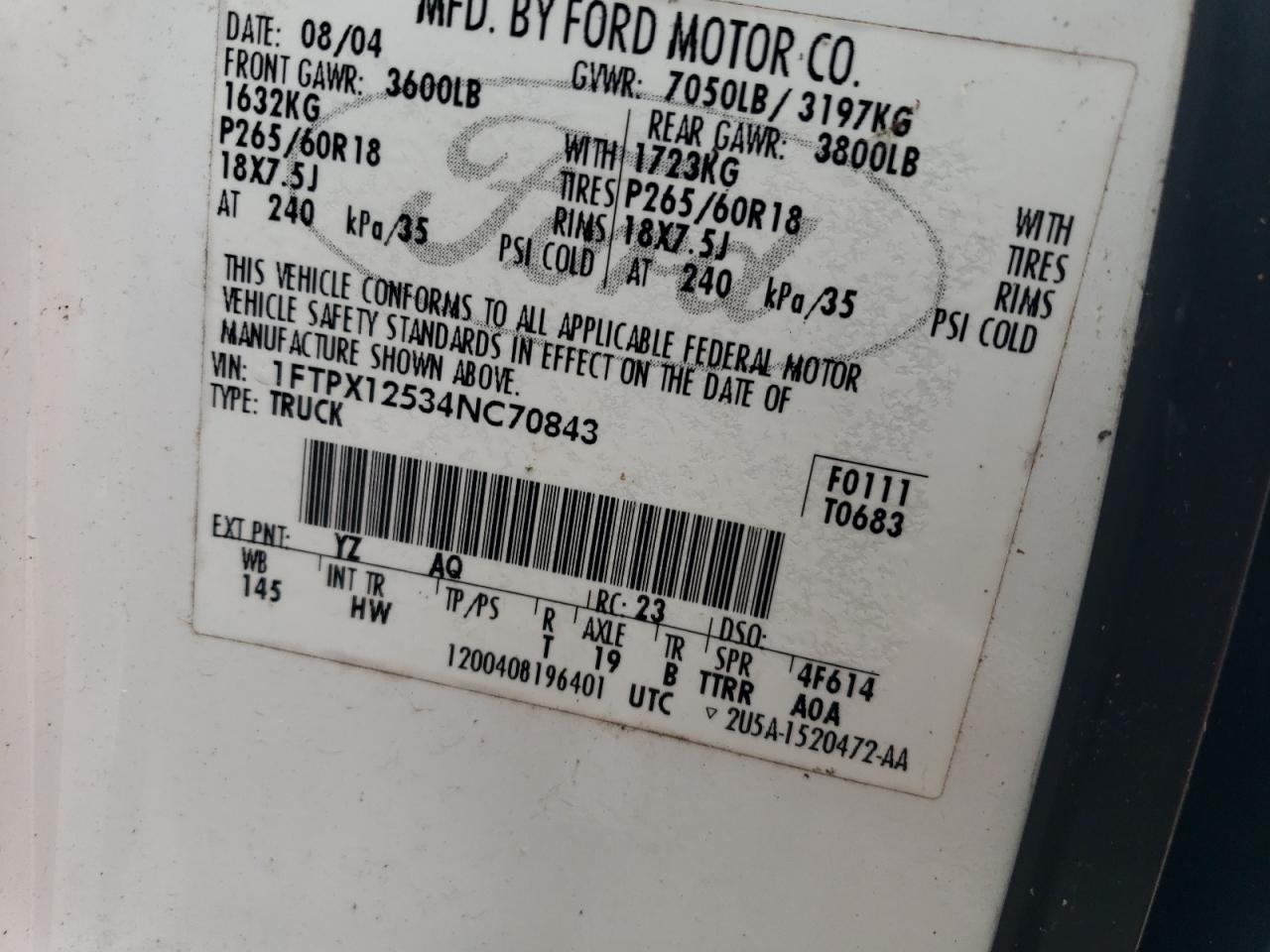 2004 Ford F150 VIN: 1FTPX12534NC70843 Lot: 46056814