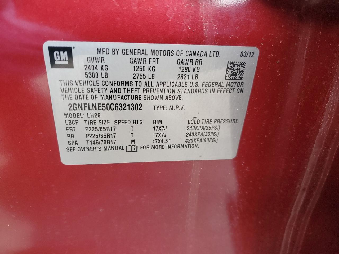 2012 Chevrolet Equinox Lt VIN: 2GNFLNE50C6321302 Lot: 46873184