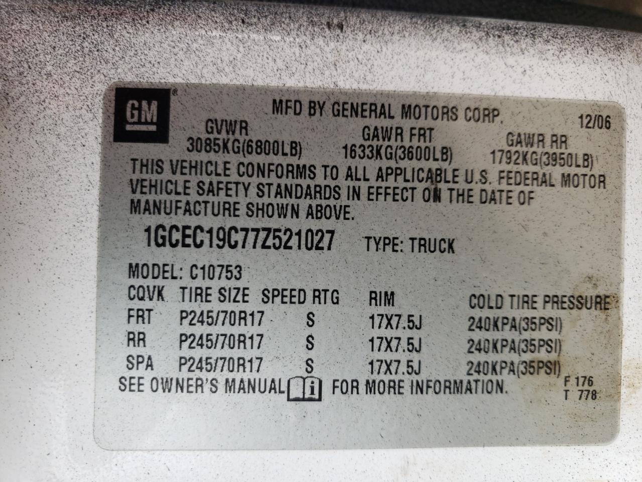 2007 Chevrolet Silverado C1500 VIN: 1GCEC19C77Z521027 Lot: 70176424