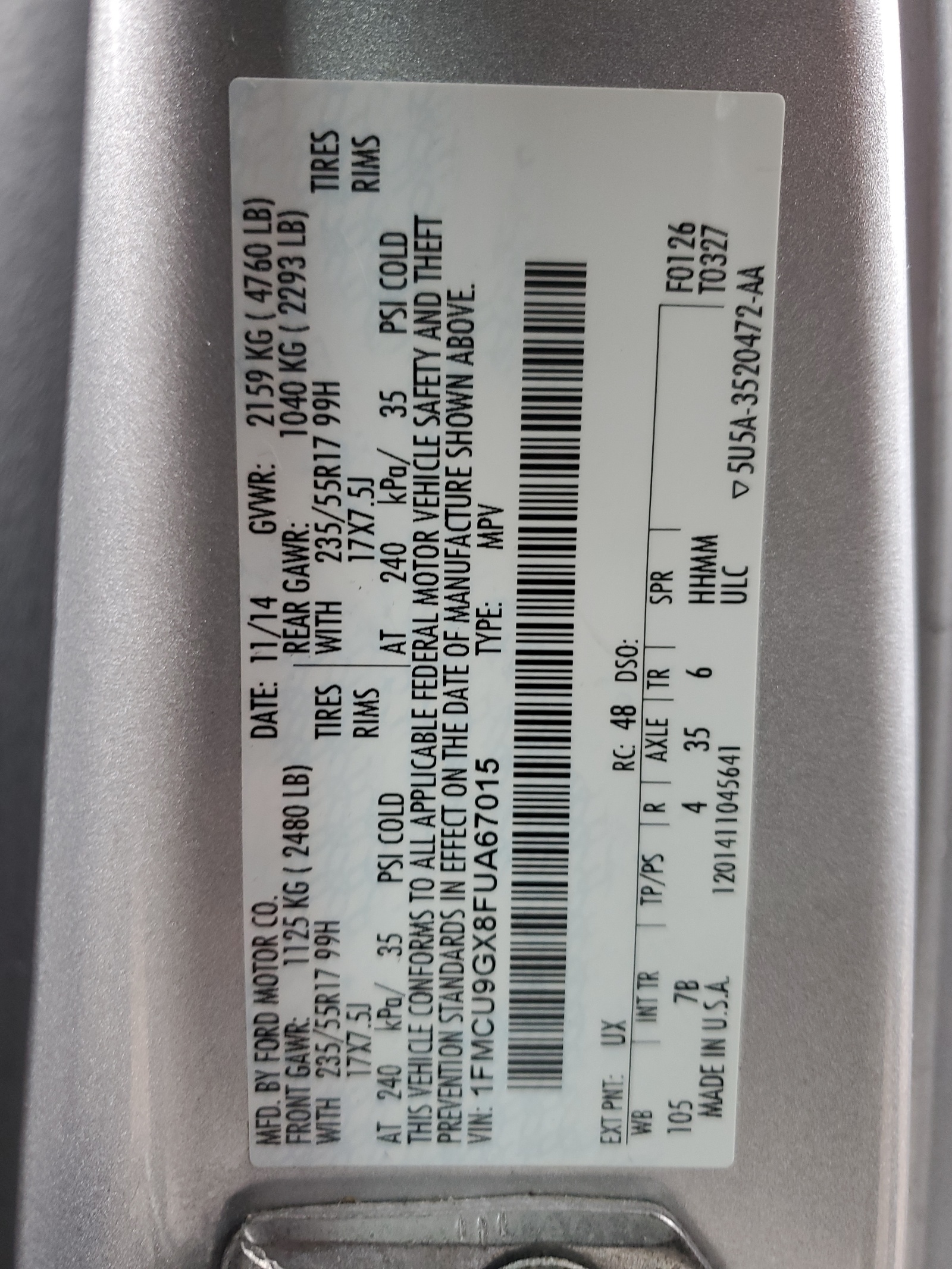 1FMCU9GX8FUA67015 2015 Ford Escape Se