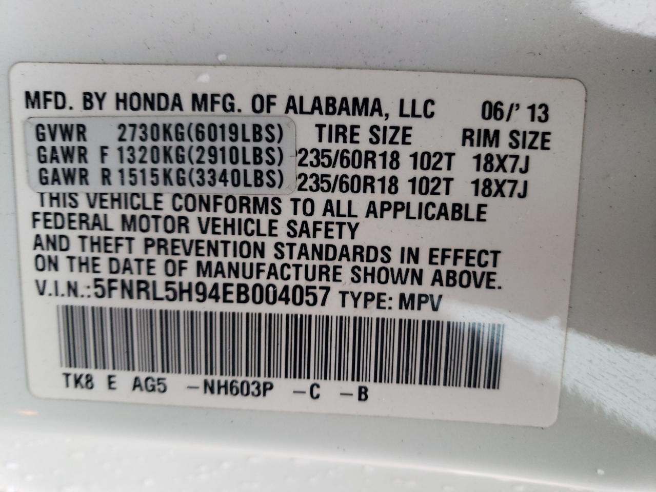 5FNRL5H94EB004057 2014 Honda Odyssey Touring