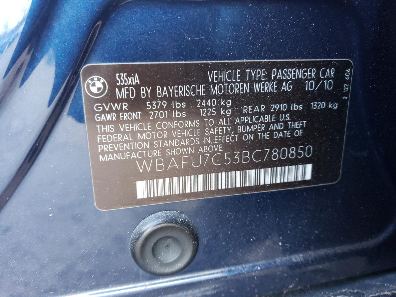 2011 BMW 535 Xi VIN: WBAFU7C53BC780850 Lot: 37990324