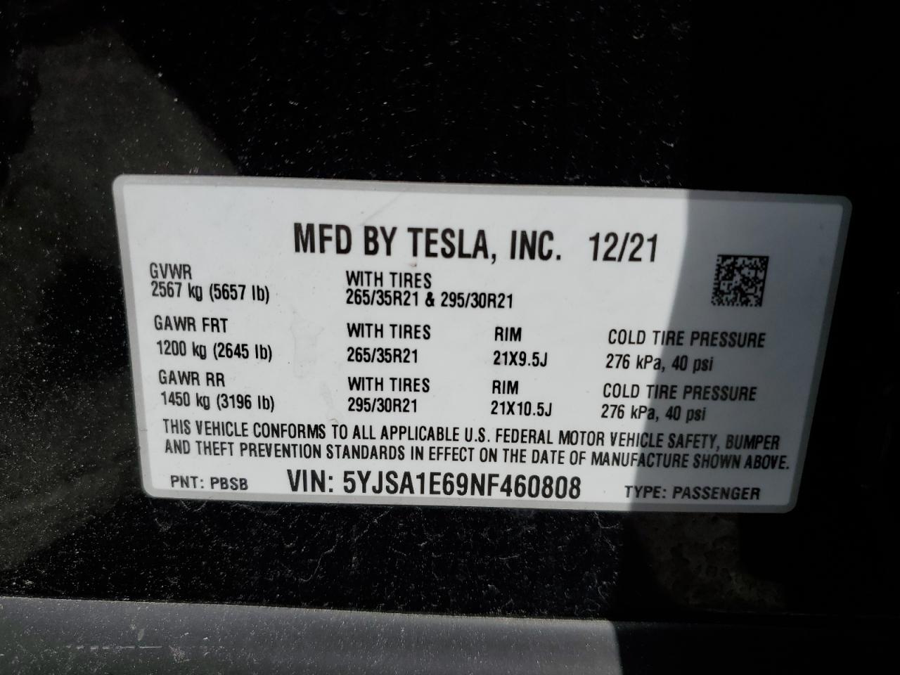 2022 Tesla Model S VIN: 5YJSA1E69NF460808 Lot: 48766764