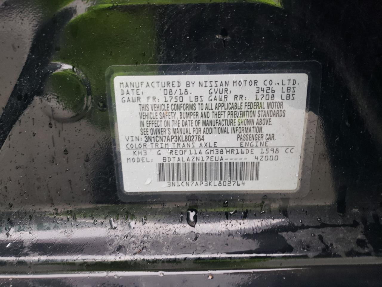 VIN 3N1CN7AP3KL802764 2019 NISSAN VERSA no.12