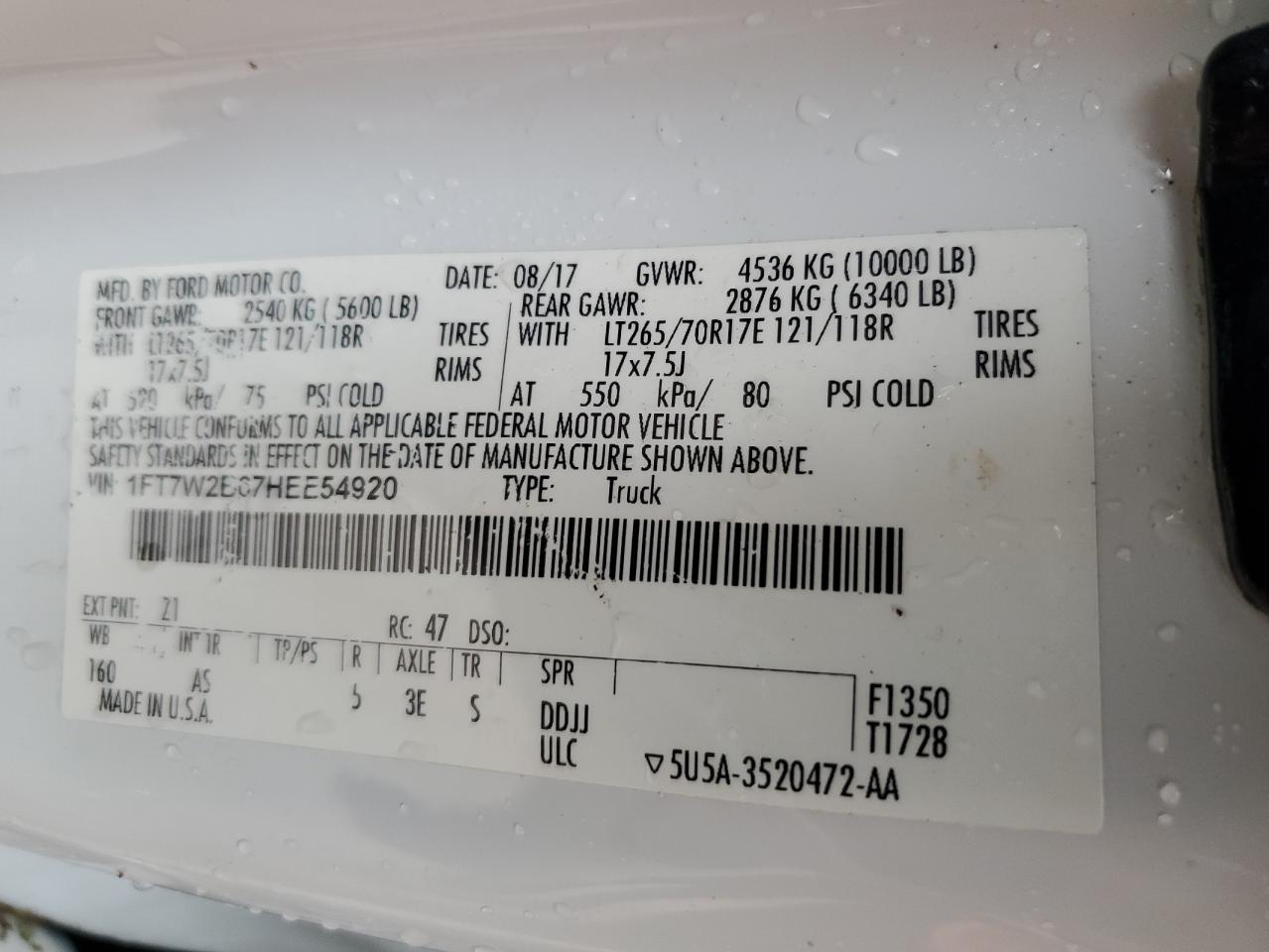 2017 Ford F250 Super Duty VIN: 1FT7W2B67HEE54920 Lot: 45616584