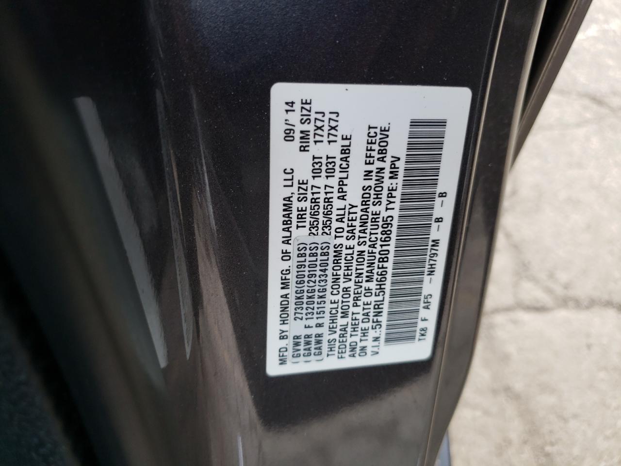 5FNRL5H66FB016895 2015 Honda Odyssey Exl