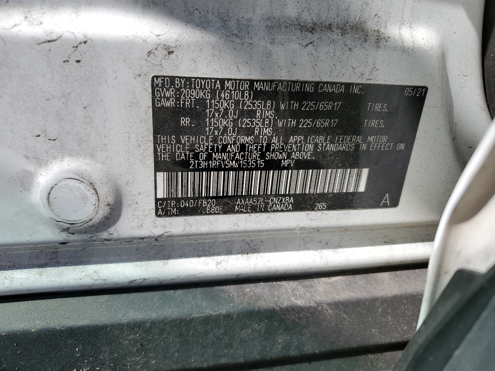 2T3H1RFV5MW153515 2021 Toyota Rav4 Le