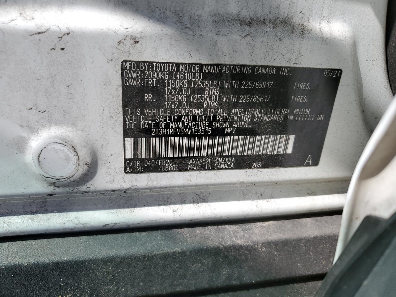 2021 Toyota Rav4 Le VIN: 2T3H1RFV5MW153515 Lot: 47099124