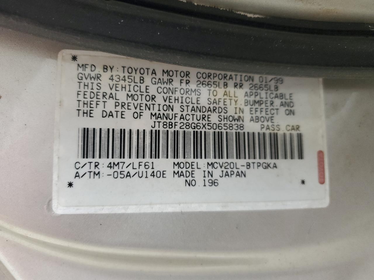 1999 Lexus Es 300 VIN: JT8BF28G6X5065838 Lot: 46610724