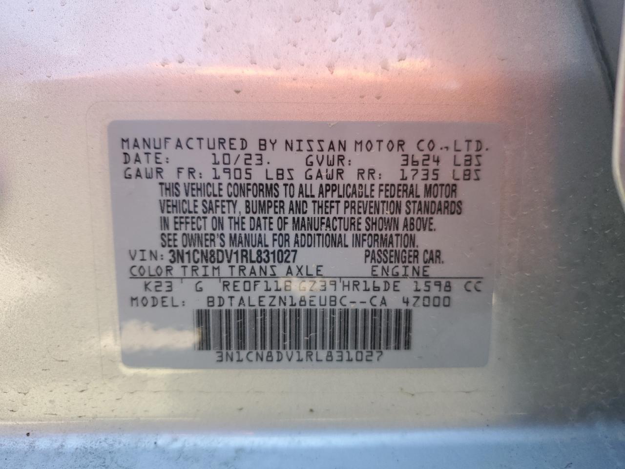 3N1CN8DV1RL831027 2024 Nissan Versa S