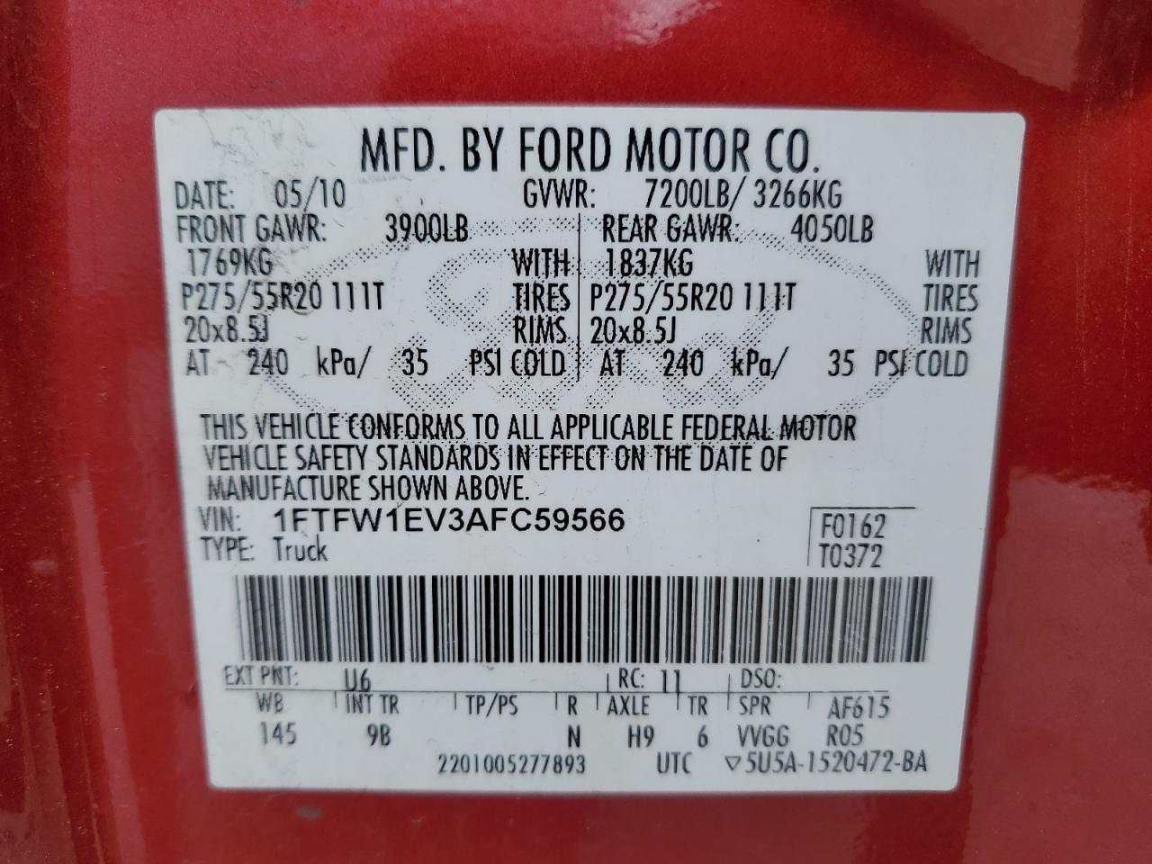 2010 Ford F150 Supercrew VIN: 1FTFW1EV3AFC59566 Lot: 48306824